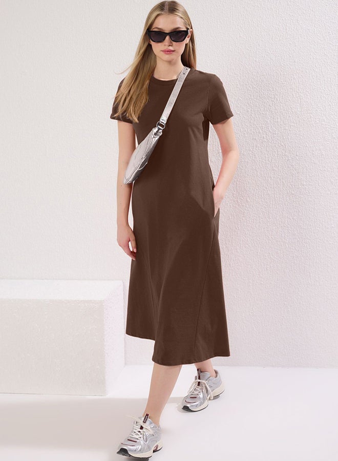 Brown Plain T-shirt Dress Pocket Midi Knitted Dress