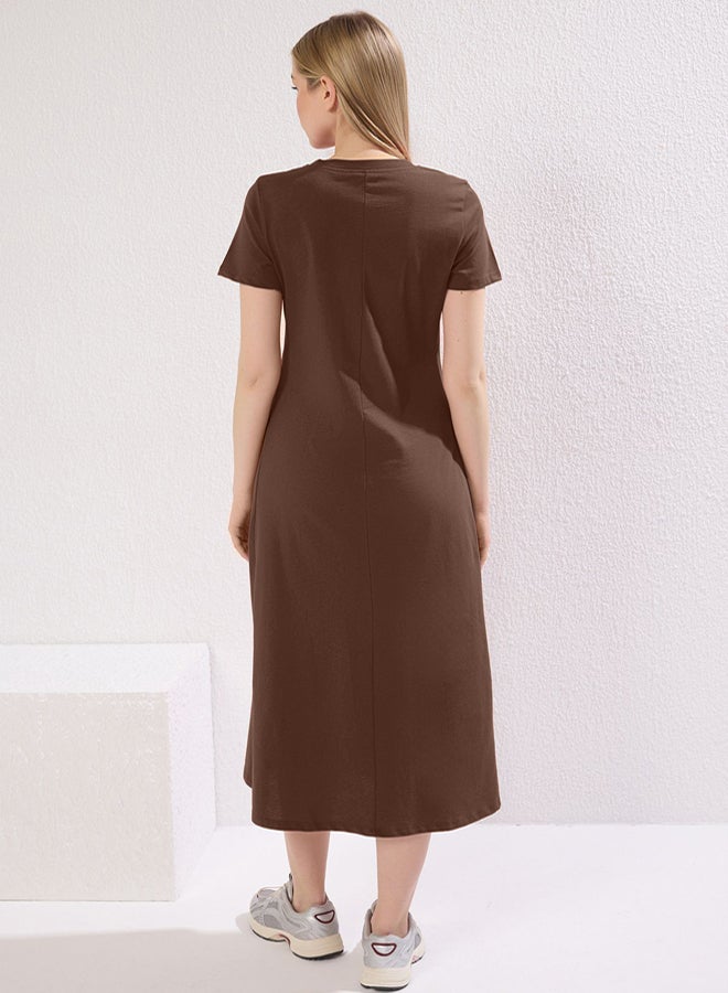 Brown Plain T-shirt Dress Pocket Midi Knitted Dress