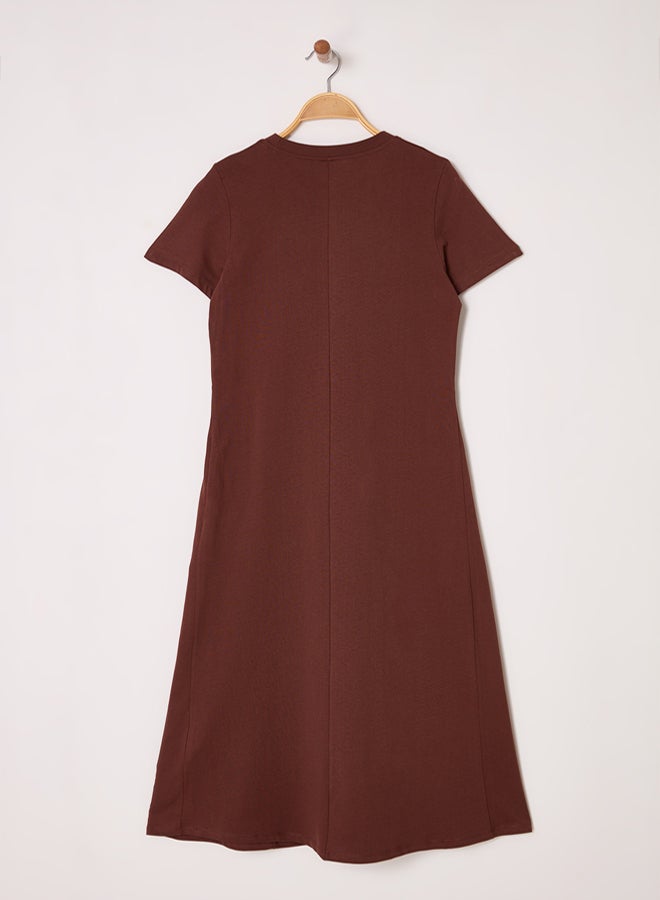 trendyol Brown Plain T-shirt Dress Pocket Midi Knitted Dress - Image 4