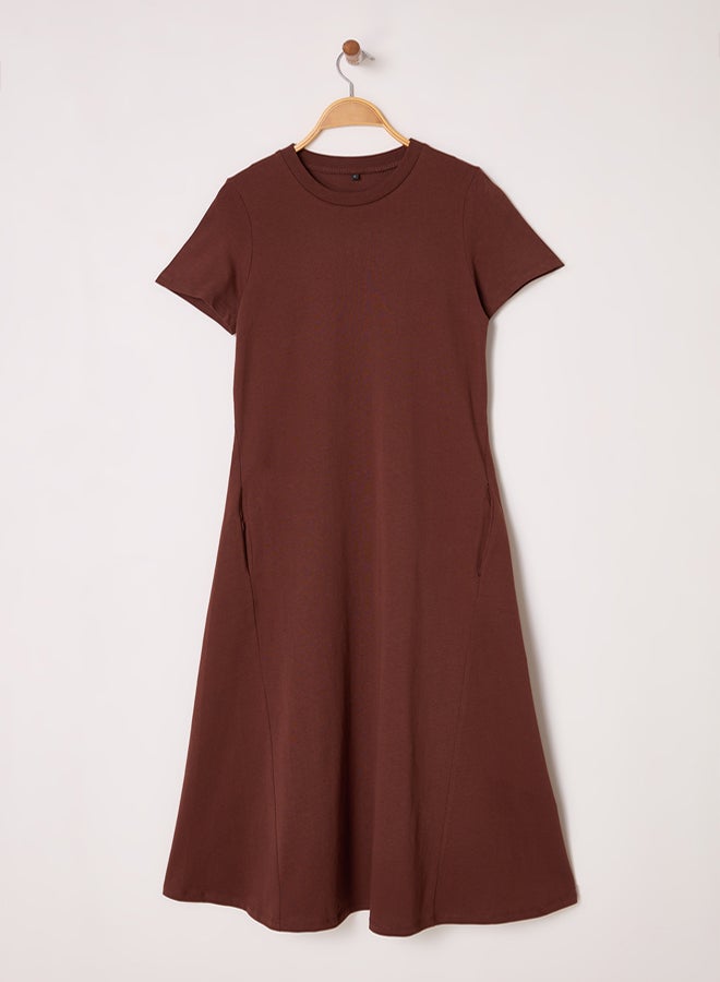 trendyol Brown Plain T-shirt Dress Pocket Midi Knitted Dress - Image 1