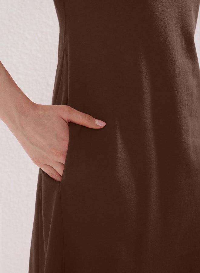 trendyol Brown Plain T-shirt Dress Pocket Midi Knitted Dress - Image 3