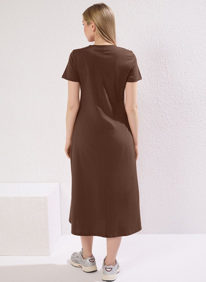 trendyol Brown Plain T-shirt Dress Pocket Midi Knitted Dress - Image 5