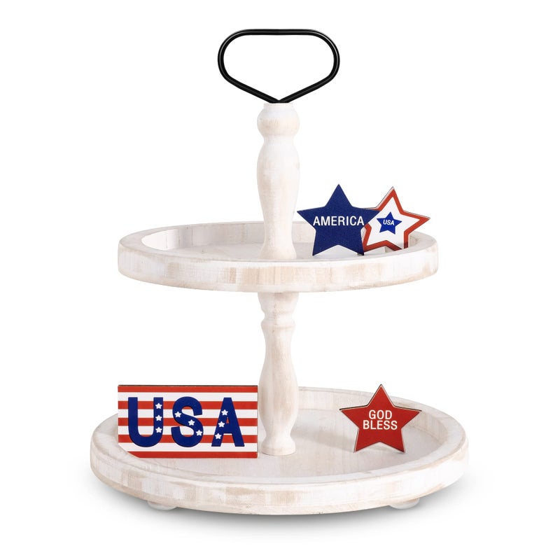Mustry Rustic Wooden 2 Tiered Tray Round Farmhouse Kitchen Table Decor Serving Tier Tray Food Fruits Cupcake Display Coffee Bar Home Party Seasonal Decorations White