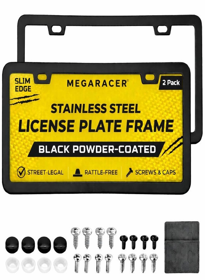 Mega Racer Slimline Matte Black License Plate Frames Metal | Compatible with BMW Tesla Mercedes Porsche Audi Lexus | Thin Cool Licence Plate Holder | Porta Placas para Auto All Car Tag Frame Cap | 2 Pack - Image 1