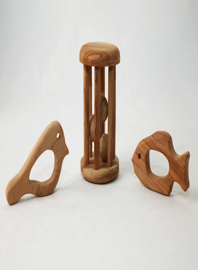 SOULILLY Neem Wood Baby Teether and Rattle Set | Natural Fish Teether Bird Teether and Tumbler Rattle | for Infants 3 Months Plus | Eco Friendly Baby Toy Kit - Image 2