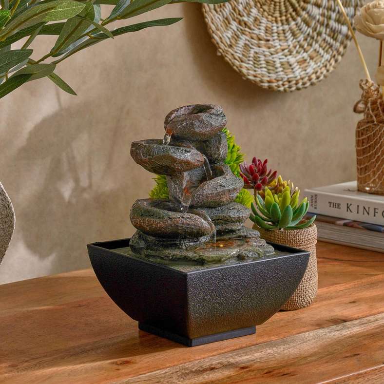 Pan Home نافورة طاولة من بولي ريزين بني مع ضوء أصفر