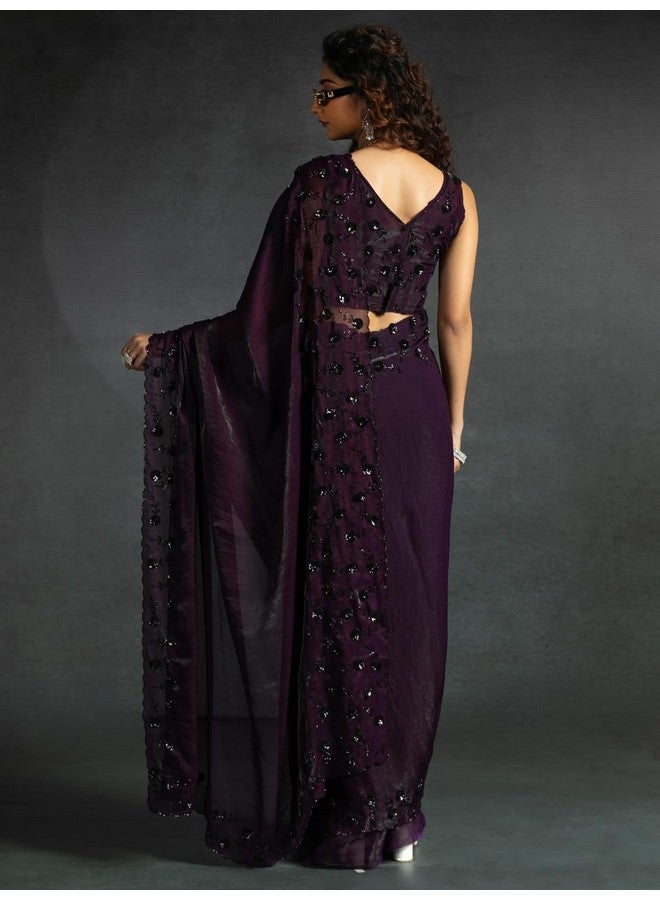 saree mall ساري مول ساري حرير ساتان بنفسجي مزين بالخيوط مع قطعة بلوزة غير مخيطة (MORPNKH1099E_MK) - Image 2