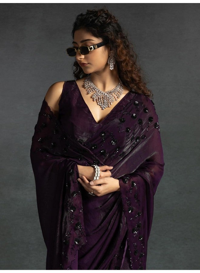 saree mall ساري مول ساري حرير ساتان بنفسجي مزين بالخيوط مع قطعة بلوزة غير مخيطة (MORPNKH1099E_MK) - Image 5