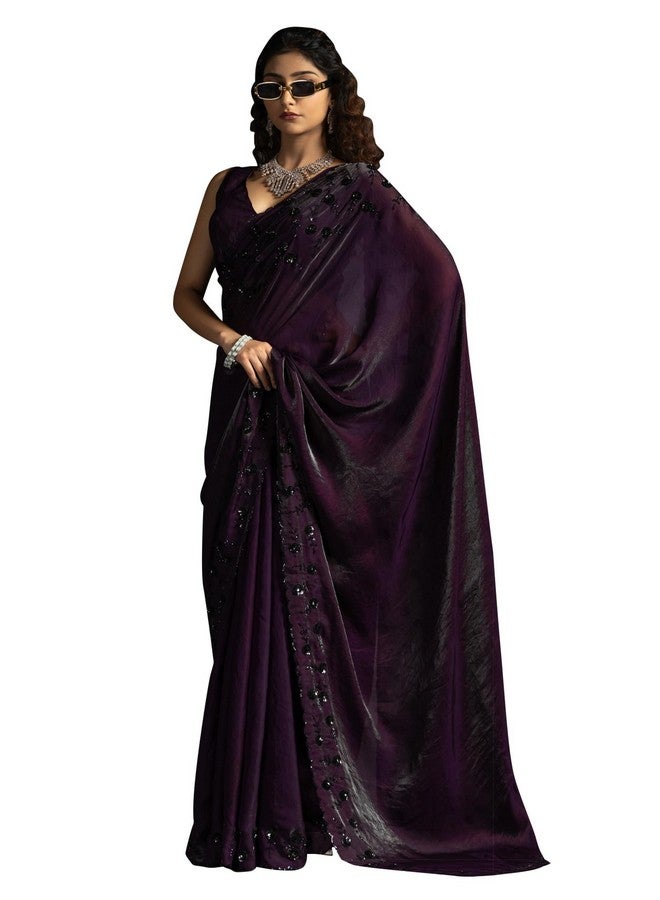 saree mall ساري مول ساري حرير ساتان بنفسجي مزين بالخيوط مع قطعة بلوزة غير مخيطة (MORPNKH1099E_MK) - Image 1