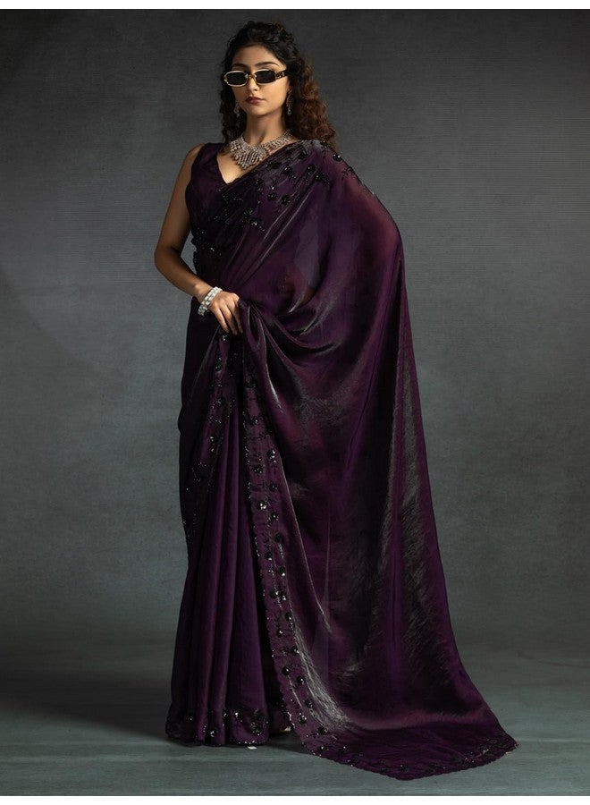 saree mall ساري مول ساري حرير ساتان بنفسجي مزين بالخيوط مع قطعة بلوزة غير مخيطة (MORPNKH1099E_MK) - Image 4