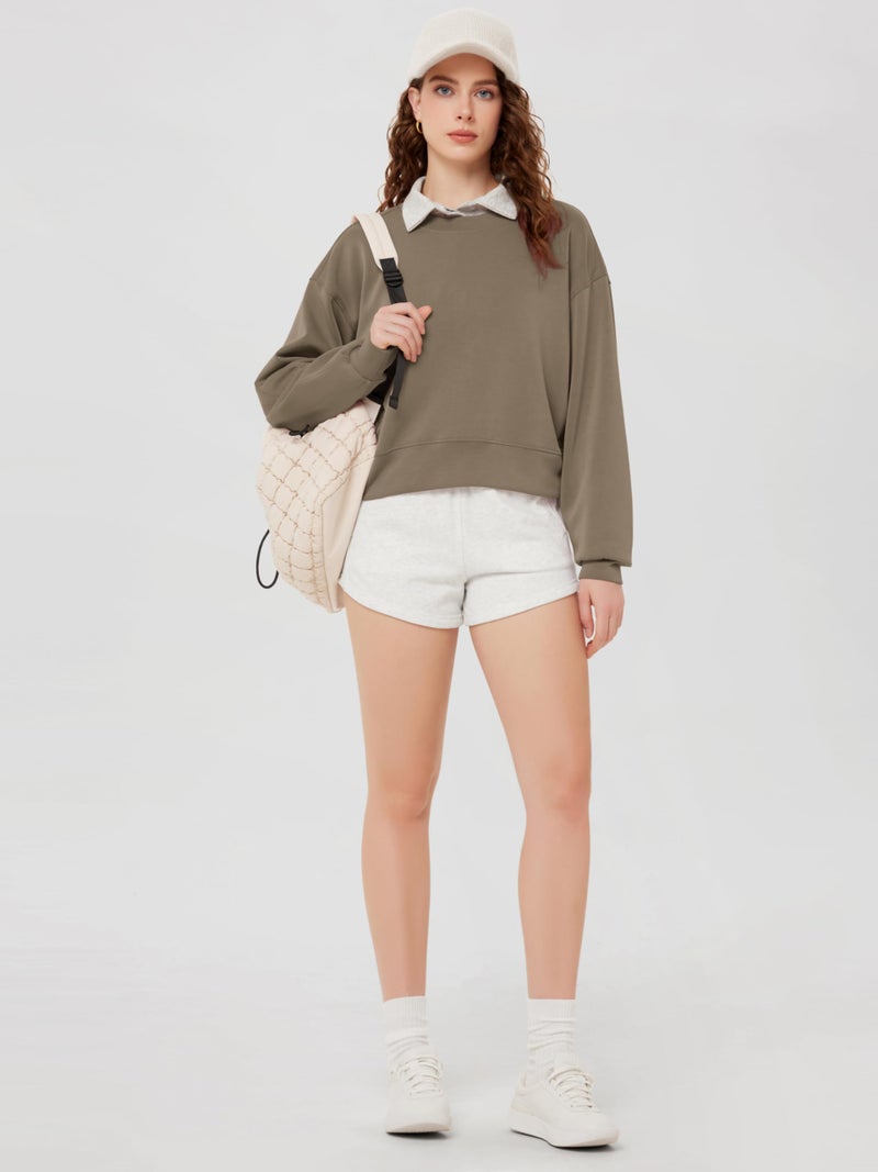 ODODOS Modal Soft Long Sleeve Cropped Sweatshirts for Women Oversized Crew Neck Pullover Crop Top, Espresso, Small - Image 3