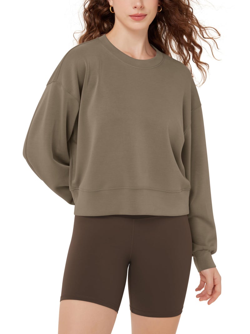 ODODOS Modal Soft Long Sleeve Cropped Sweatshirts for Women Oversized Crew Neck Pullover Crop Top, Espresso, Small - Image 1