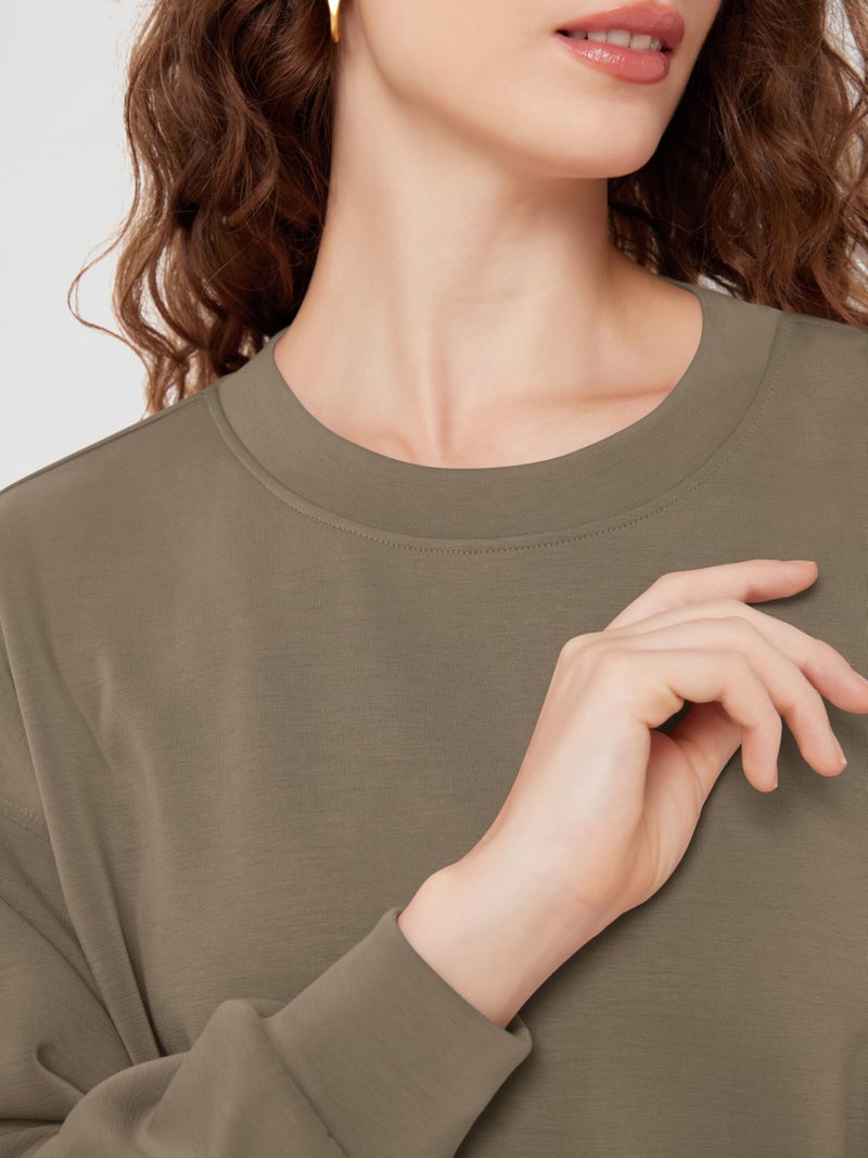 ODODOS Modal Soft Long Sleeve Cropped Sweatshirts for Women Oversized Crew Neck Pullover Crop Top, Espresso, Small - Image 5