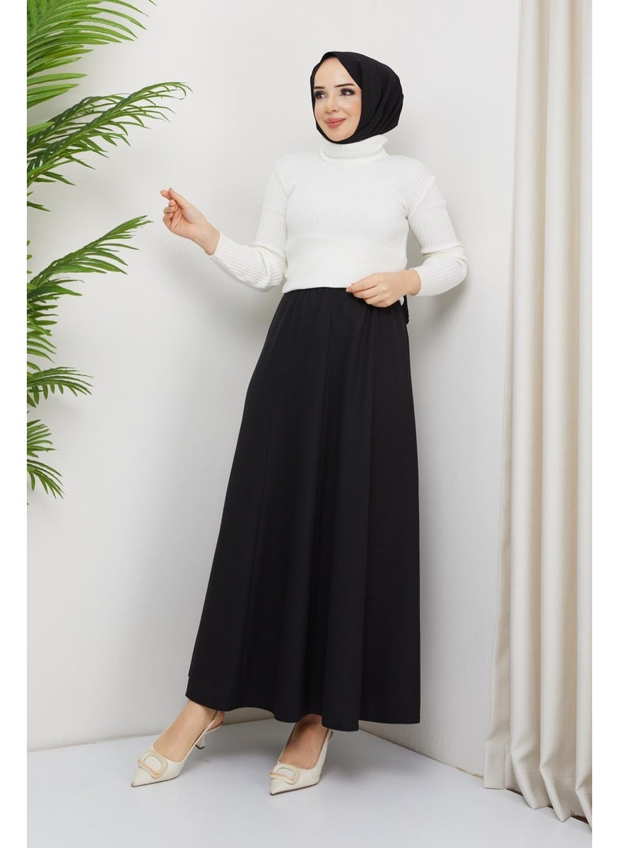 Günay Karaca Elastic Waist Sand Crepe Fabric Eight Piece Wide Comfortable Skirt 20231  - Image 1