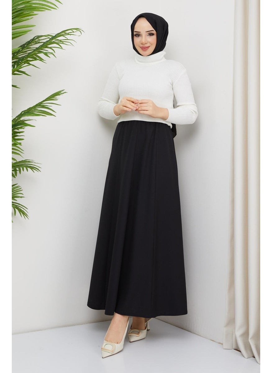 Günay Karaca Elastic Waist Sand Crepe Fabric Eight Piece Wide Comfortable Skirt 20231  - Image 3