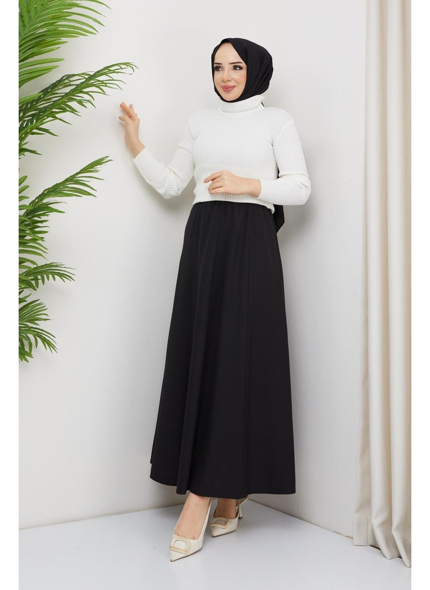 Günay Karaca Elastic Waist Sand Crepe Fabric Eight Piece Wide Comfortable Skirt 20231  - Image 5