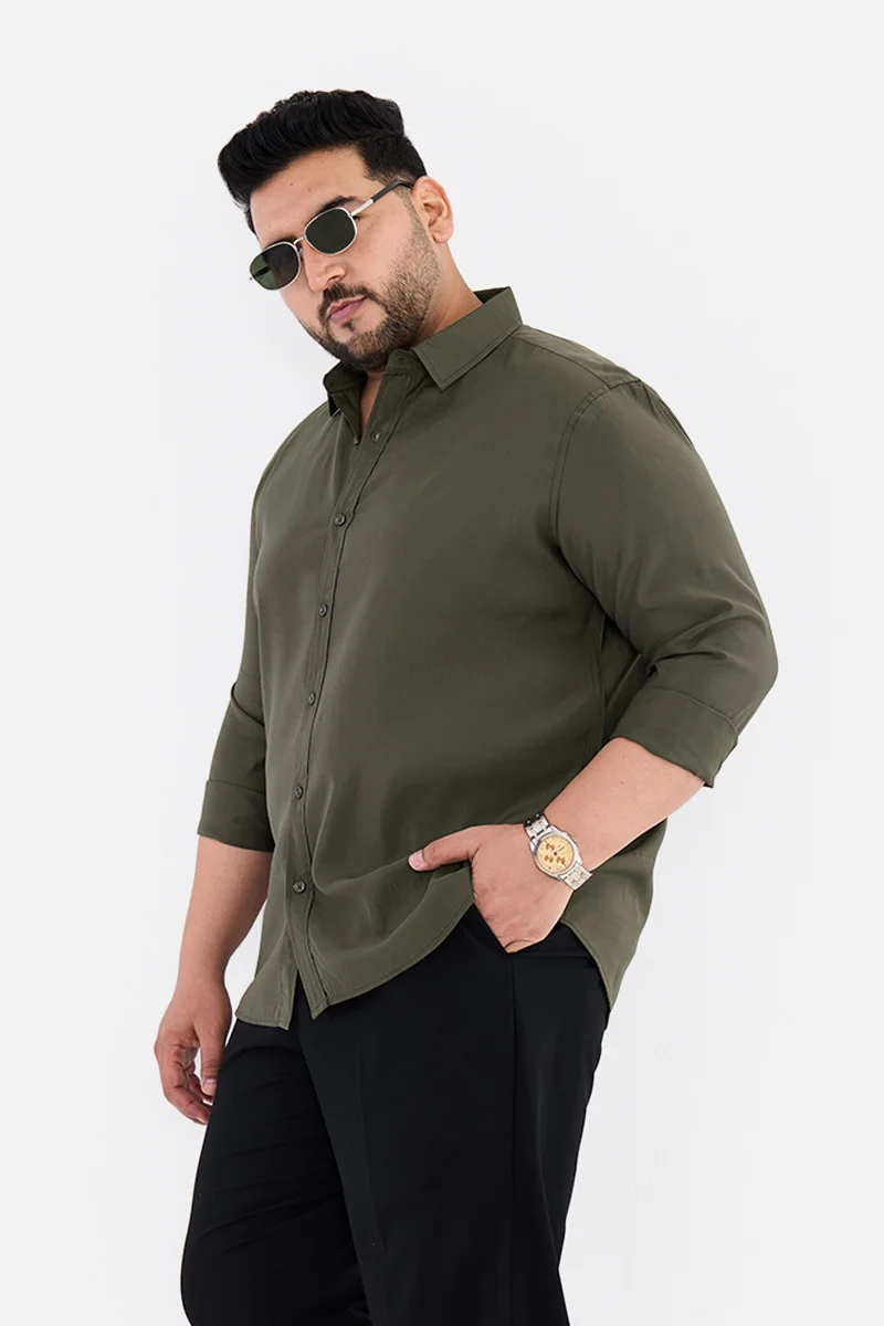 SNITCH Olive Solid Long Sleeve Regular Fit Casual Plus Size Shirt