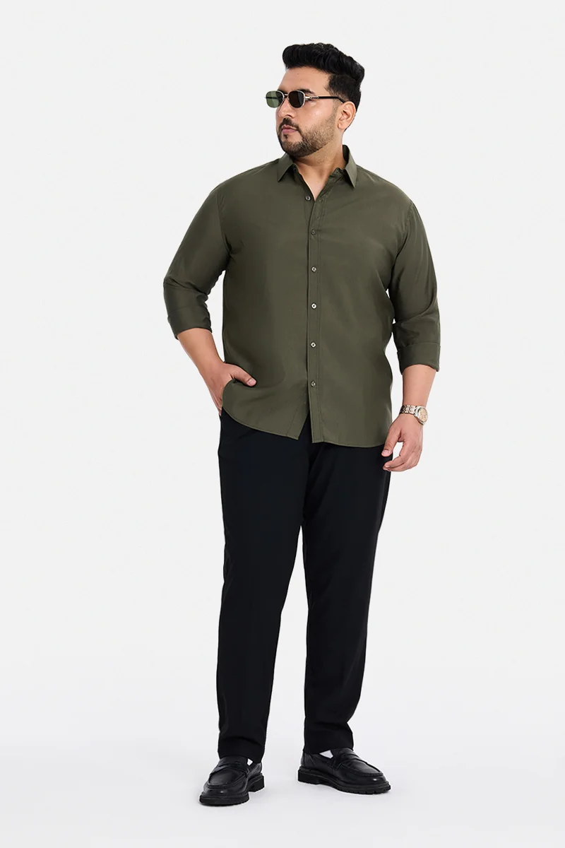 SNITCH Olive Solid Long Sleeve Regular Fit Casual Plus Size Shirt