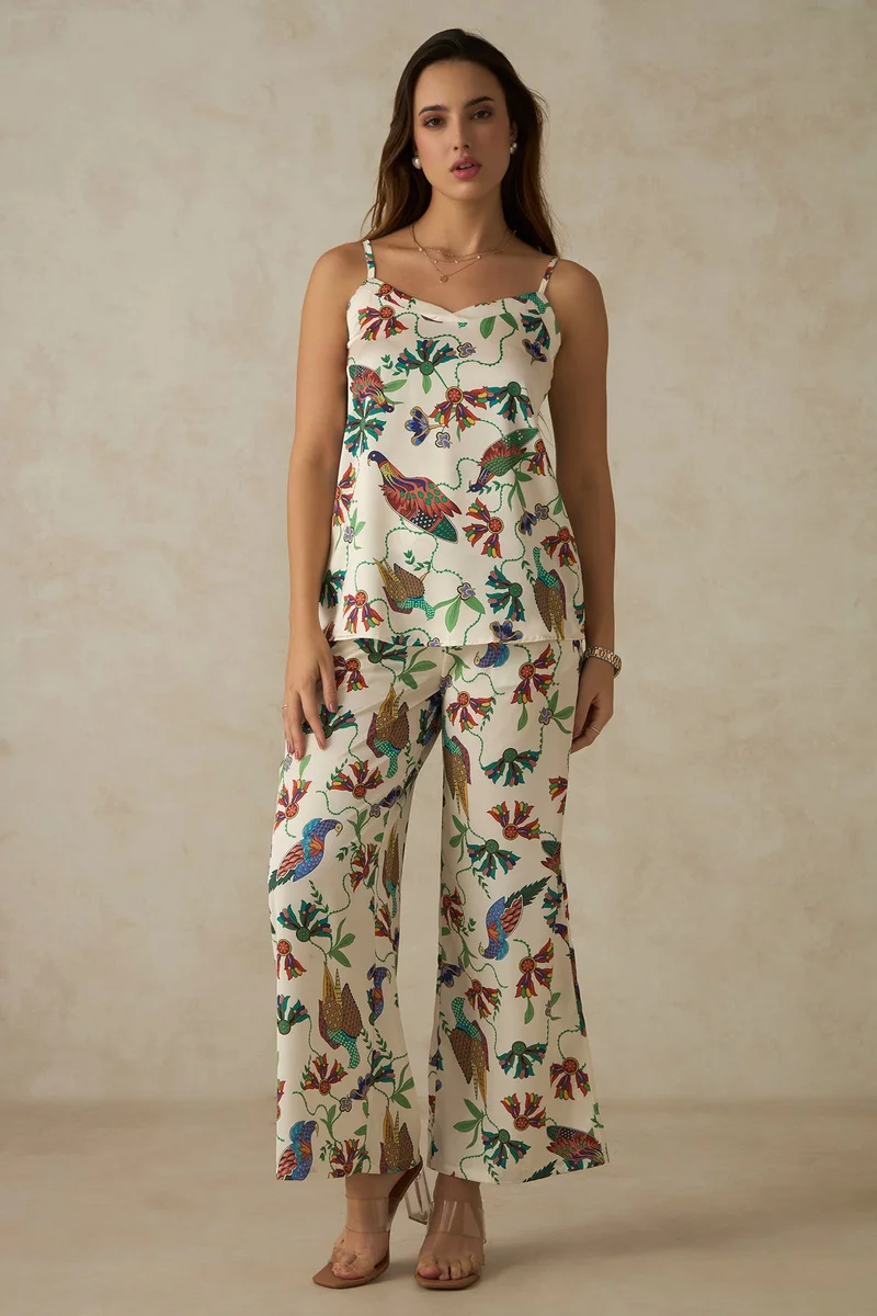 فيرجيو Abstract Satin V Neck Floral Print Top for Women