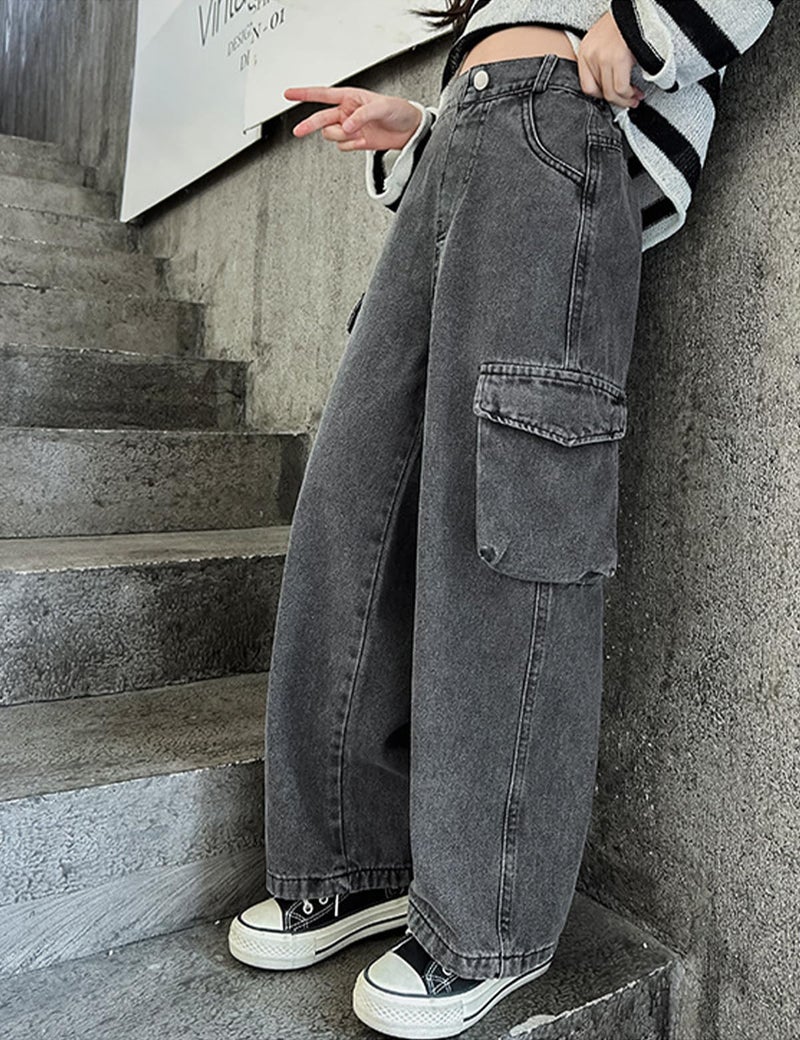 SANGTREE Baggy Jeans for Girls Wide Leg Jeans Elastic Waist Denim Pants Kids Clothes A-Cargo Grey 11-12 Years = Tag 160 - Image 4