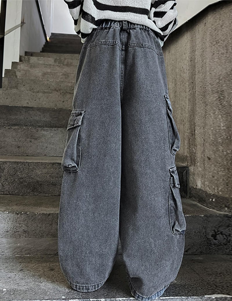 SANGTREE Baggy Jeans for Girls Wide Leg Jeans Elastic Waist Denim Pants Kids Clothes A-Cargo Grey 11-12 Years = Tag 160 - Image 5