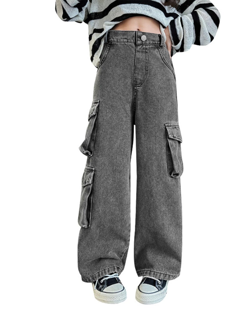 SANGTREE Baggy Jeans for Girls Wide Leg Jeans Elastic Waist Denim Pants Kids Clothes A-Cargo Grey 11-12 Years = Tag 160 - Image 1
