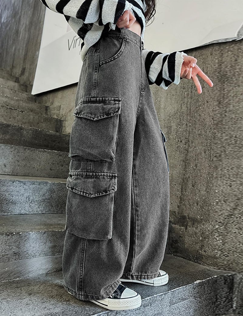 SANGTREE Baggy Jeans for Girls Wide Leg Jeans Elastic Waist Denim Pants Kids Clothes A-Cargo Grey 11-12 Years = Tag 160 - Image 2