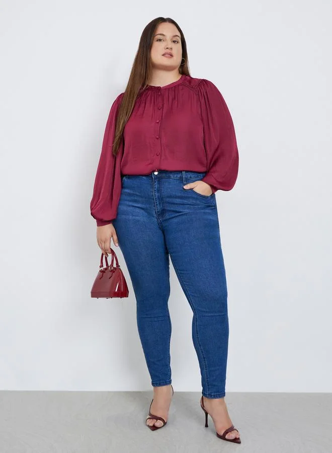 Styli Styli Plus Size Burgundy Long Sleeve Blouse