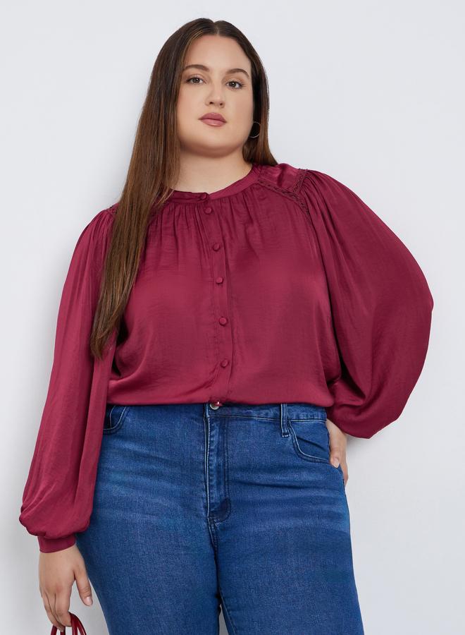 Styli Plus Size Burgundy Long Sleeve Blouse - Image 3