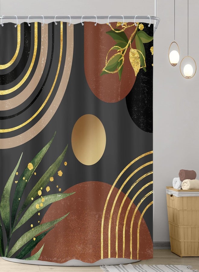 Riyidecor Boho Mid Century Shower Curtain，72Wx72H Inch Modern Neutral Grey Green Gold Dark Abstract Leaf， Minimalist Geometric Arch Bathroom Decor Fabric Polyester Waterproof 12 Pack Hooks - Image 3