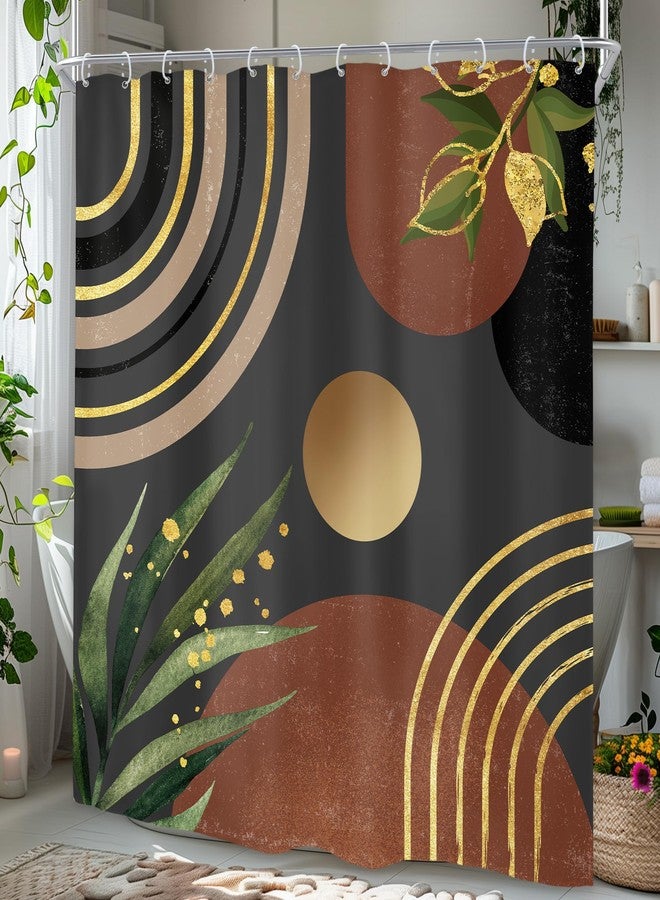 Riyidecor Boho Mid Century Shower Curtain，72Wx72H Inch Modern Neutral Grey Green Gold Dark Abstract Leaf， Minimalist Geometric Arch Bathroom Decor Fabric Polyester Waterproof 12 Pack Hooks - Image 4