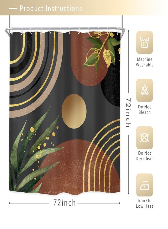 Riyidecor Boho Mid Century Shower Curtain，72Wx72H Inch Modern Neutral Grey Green Gold Dark Abstract Leaf， Minimalist Geometric Arch Bathroom Decor Fabric Polyester Waterproof 12 Pack Hooks - Image 5