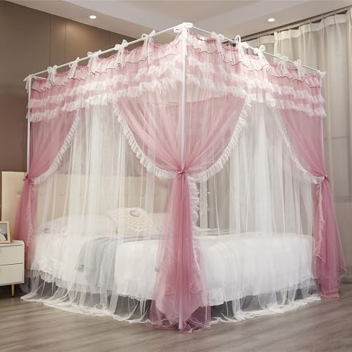 NXGIO Bed Canopy Curtain Double Layer 4 Corners Post Lace Up Ruffle Princess Drape Netting 4 Opening Mosquito Net for Girls Bedroom Decoration (Pink/White, 53" W*78" L*82" H/Full) - Image 1