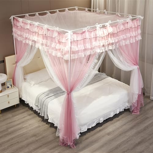 NXGIO Bed Canopy Curtain Double Layer 4 Corners Post Lace Up Ruffle Princess Drape Netting 4 Opening Mosquito Net for Girls Bedroom Decoration (Pink/White, 53" W*78" L*82" H/Full) - Image 5