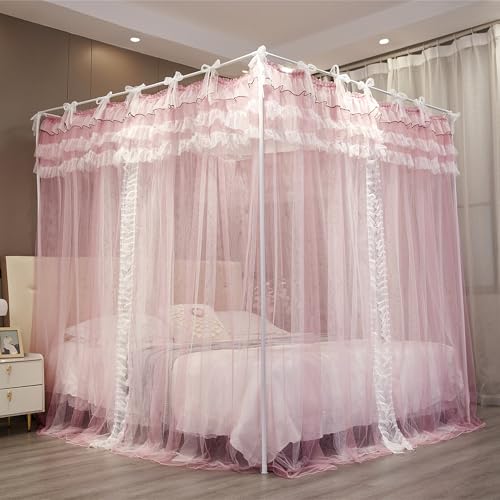 NXGIO Bed Canopy Curtain Double Layer 4 Corners Post Lace Up Ruffle Princess Drape Netting 4 Opening Mosquito Net for Girls Bedroom Decoration (Pink/White, 53" W*78" L*82" H/Full) - Image 3