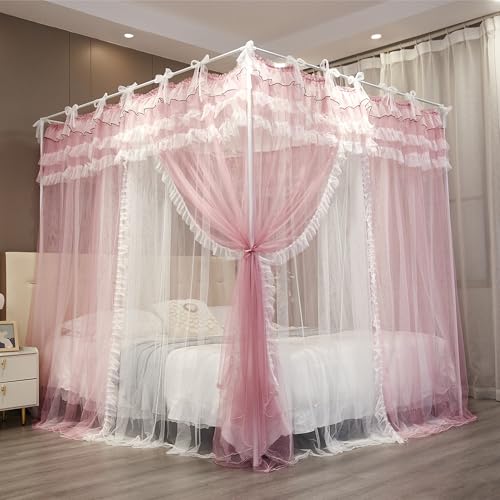 NXGIO Bed Canopy Curtain Double Layer 4 Corners Post Lace Up Ruffle Princess Drape Netting 4 Opening Mosquito Net for Girls Bedroom Decoration (Pink/White, 53" W*78" L*82" H/Full) - Image 4