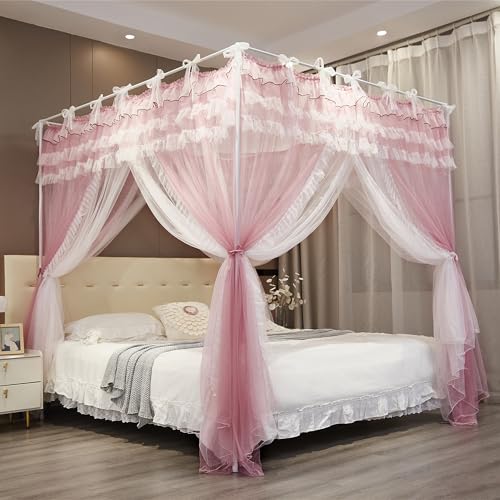 NXGIO Bed Canopy Curtain Double Layer 4 Corners Post Lace Up Ruffle Princess Drape Netting 4 Opening Mosquito Net for Girls Bedroom Decoration (Pink/White, 53" W*78" L*82" H/Full) - Image 2
