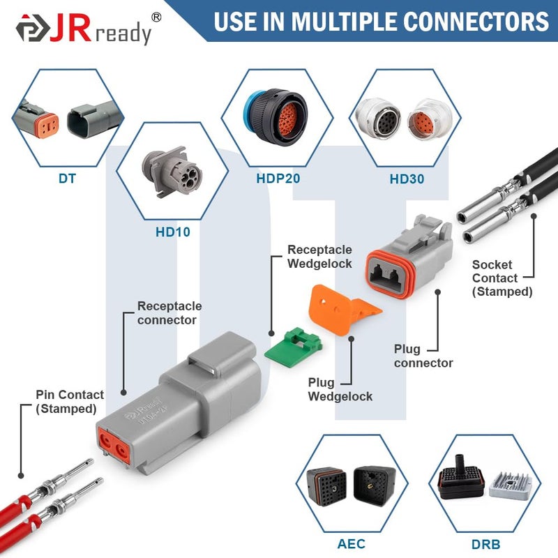 JRready ST6441 Deutsch Contact Kit, Deutsch Stamped Pin, Open Barrel Contacts Kit Size 12 16 20 Male Pins and Female Sockets Support Wire Guage 22-12AWG for DTP, DT, DTM Series Connectors 180pcs - Image 3