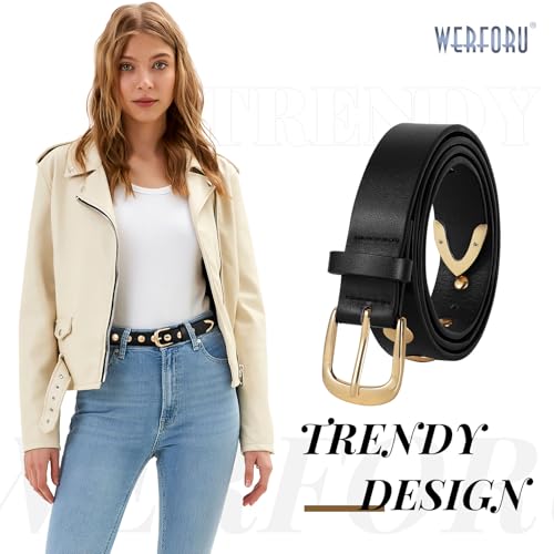 WERFORU Women Fashion Leather Belt Studded Leather Belt Ladies Belts for Jeans Dress Punk Belt,(A-Black-Gold,31"-35" Waist Adjustable) - Image 2