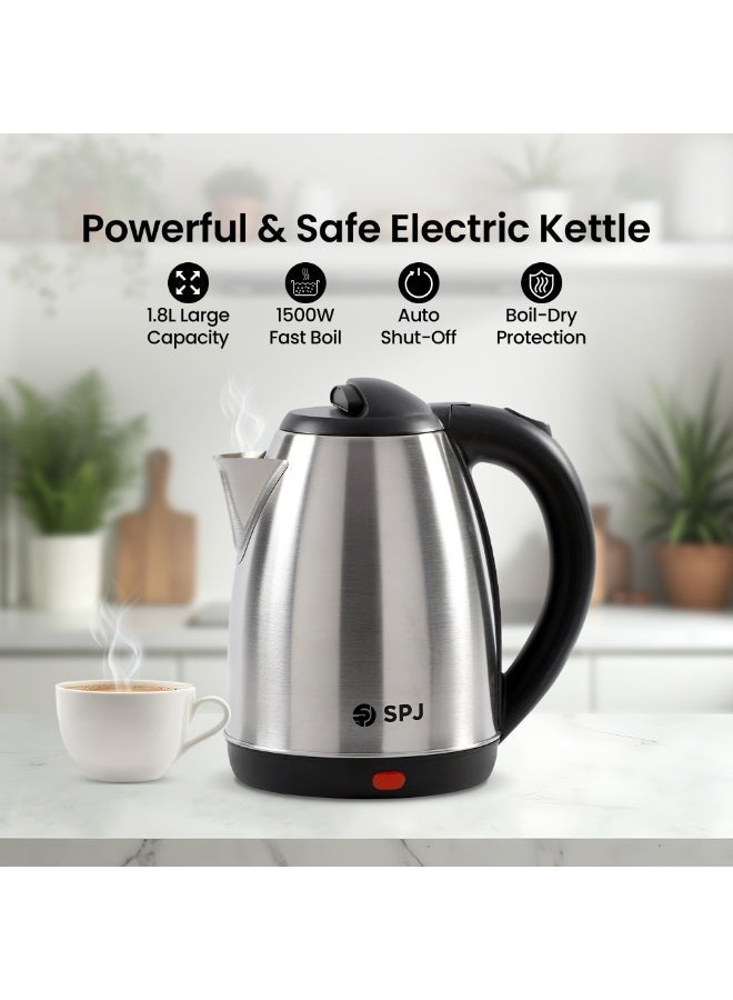 SPJ 1.8L Electric Kettle 1500W, 304 Stainless Steel Interior, Fast Boil, Auto Shut-Off, LED Indicator, Cordless, BPA-Free, Silver - Image 2