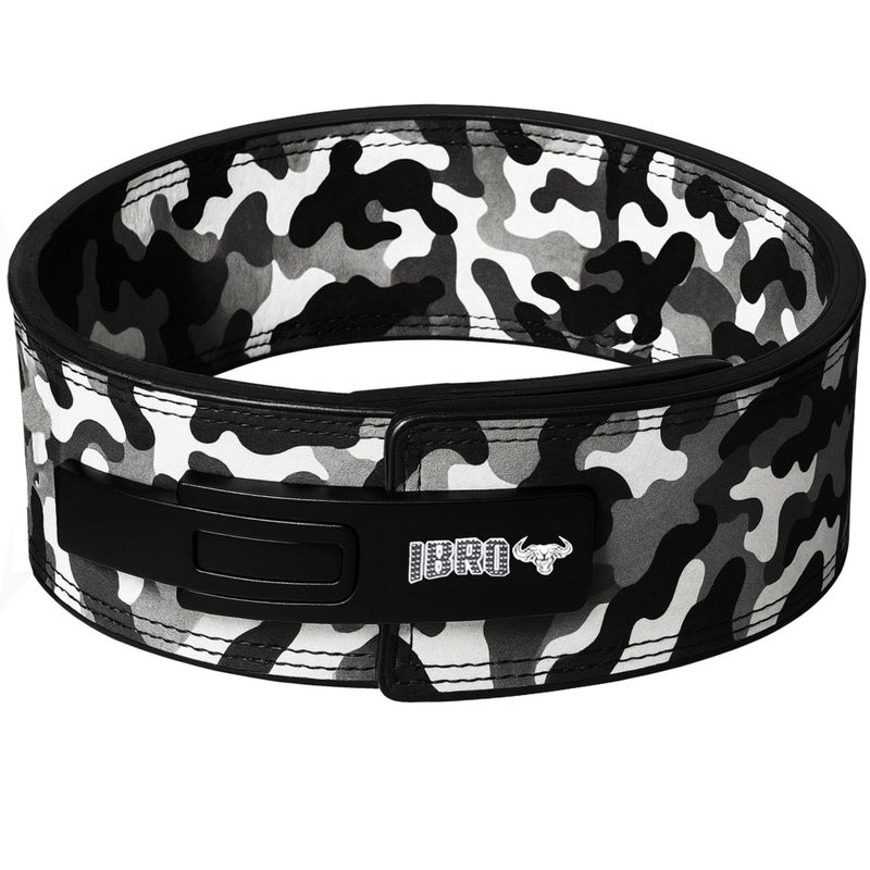 IBRO Powerlifting Lever Gym Belt Power 10MM Extreme Heavy Duty Genuine Leather Belts Squats Deadlifts Bodybuilding Weight Lifting IPF Power Lifting Strongman for Men 10mm Grey Camo L