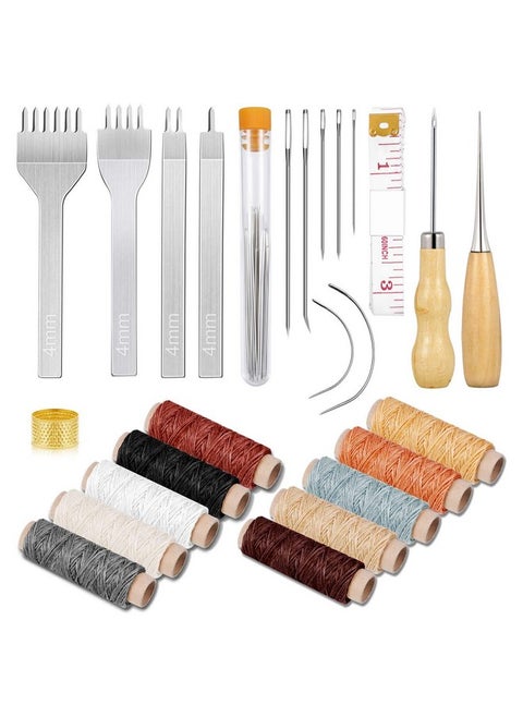 35 Pcs Leather Stitching Pouch Kit With 4Mm Prong Sewing Hole Punch Leather Sewing Tools Waxed Thread And Large Eye Stitching Needles For Beginner Leather Sewing Working Crafting Projects