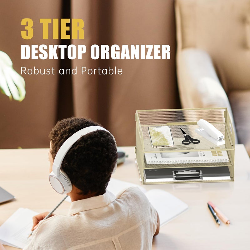 Daltack 3-Tier Paper Organizer with Handle, Mesh Desk Organizer Letter Tray, Paper Tray Organizer File Organizer for A4 File Folder, Golden Yellow - Image 2
