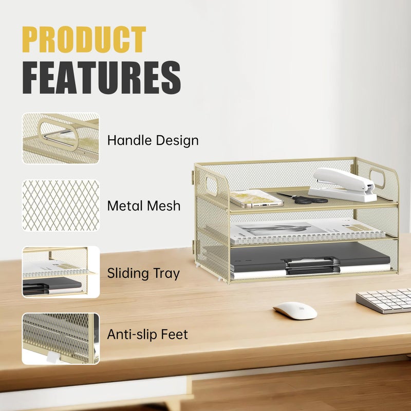 Daltack 3-Tier Paper Organizer with Handle, Mesh Desk Organizer Letter Tray, Paper Tray Organizer File Organizer for A4 File Folder, Golden Yellow - Image 4