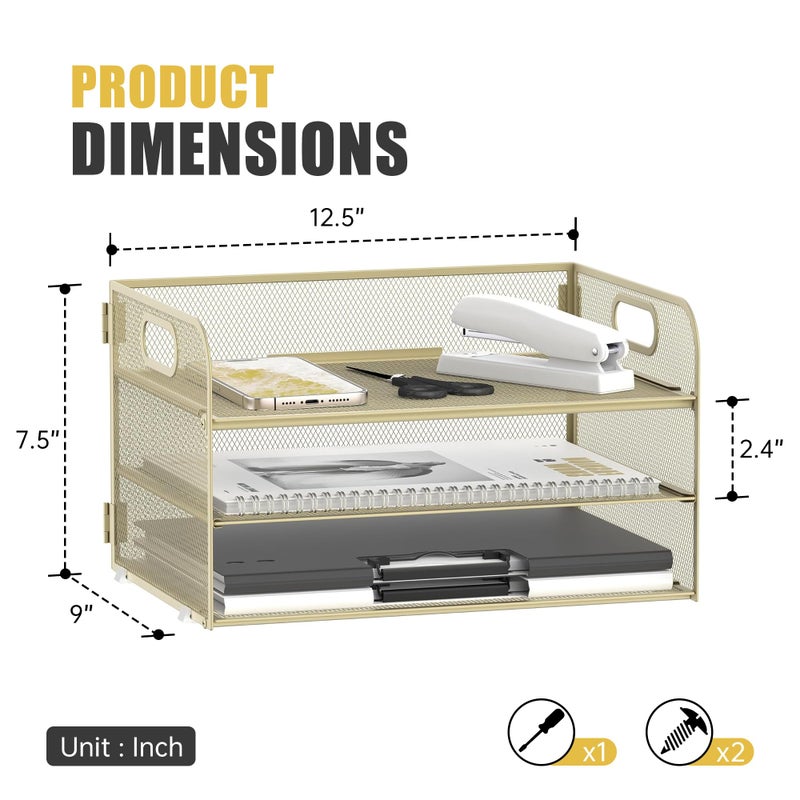 Daltack 3-Tier Paper Organizer with Handle, Mesh Desk Organizer Letter Tray, Paper Tray Organizer File Organizer for A4 File Folder, Golden Yellow - Image 3