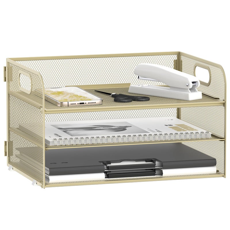 Daltack 3-Tier Paper Organizer with Handle, Mesh Desk Organizer Letter Tray, Paper Tray Organizer File Organizer for A4 File Folder, Golden Yellow - Image 1