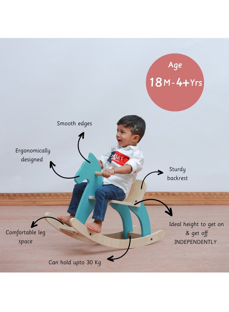 Ariro Traditional Rocking Horse- Wooden Portable Rock And Ride Toy, Balanced Ride On Pony with Adjustable Backrest And Guardrail Rocking Horse- Blue - Image 3