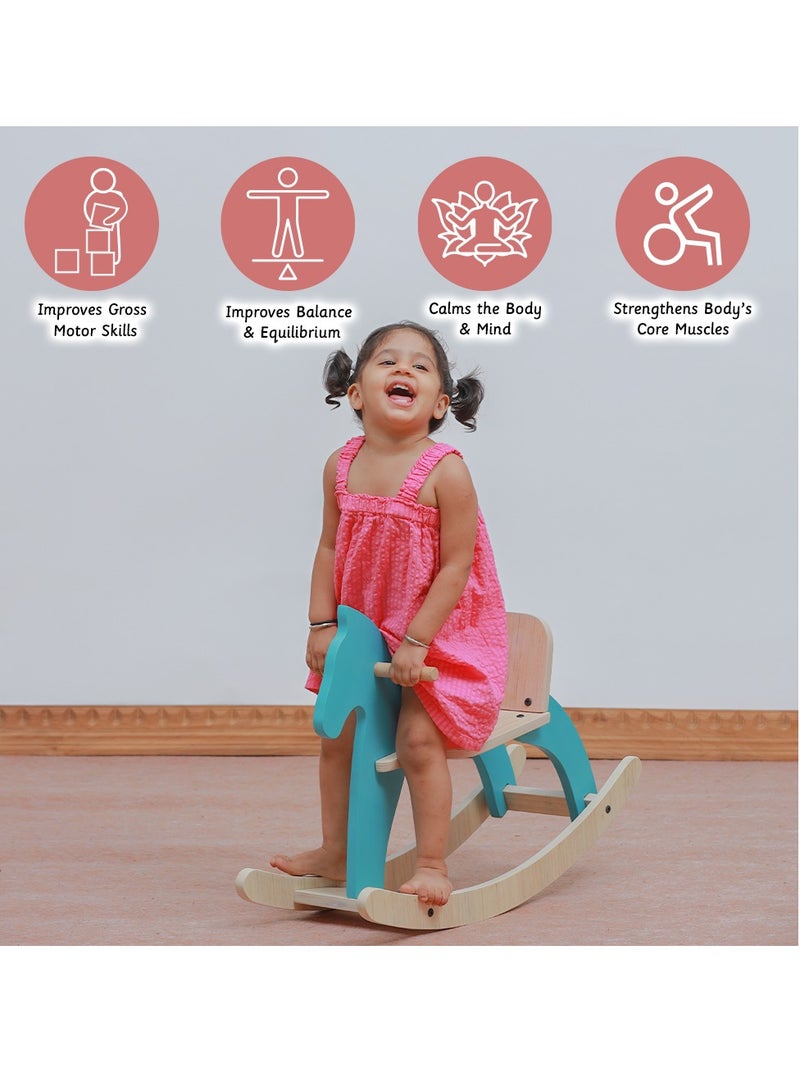 Ariro Traditional Rocking Horse- Wooden Portable Rock And Ride Toy, Balanced Ride On Pony with Adjustable Backrest And Guardrail Rocking Horse- Blue - Image 2