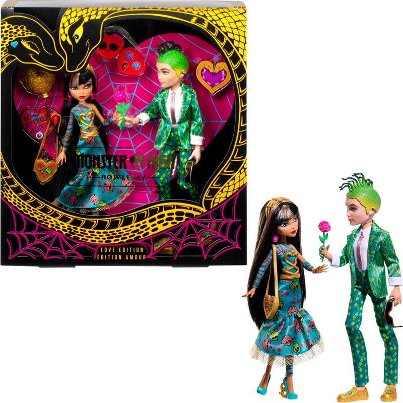 MONSTER HIGH دمى مونستر هاي هوليداي لوف إيديشن، كليو دي نايل ودييوس غورغون مجموعة 2-باك مع ملحقات عيد الحب وعبوة قابلة للعرض - Image 1