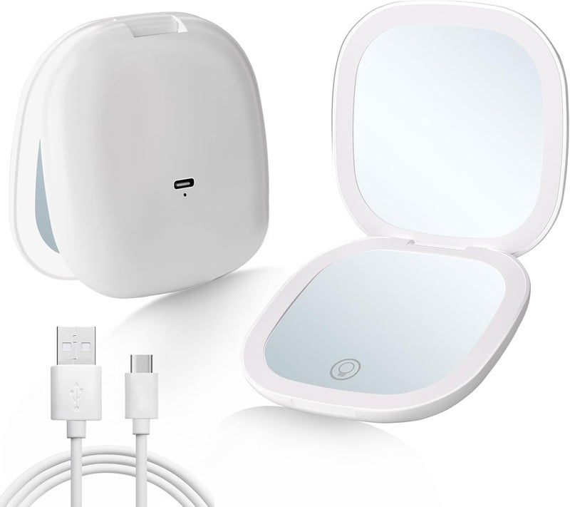 Compact LED Travel Makeup Mirror, Rechargeable Double Sided 1X/10X Magnifying Mirror, 3 Color Lighting, Dimmable Touch Screen, Foldable Lighting Mirror with USB Data Cable White